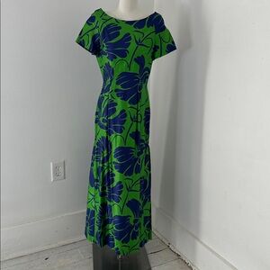 Vintage 60s Large Scale Green And Blue Hawaiian Floral Maxi Dress